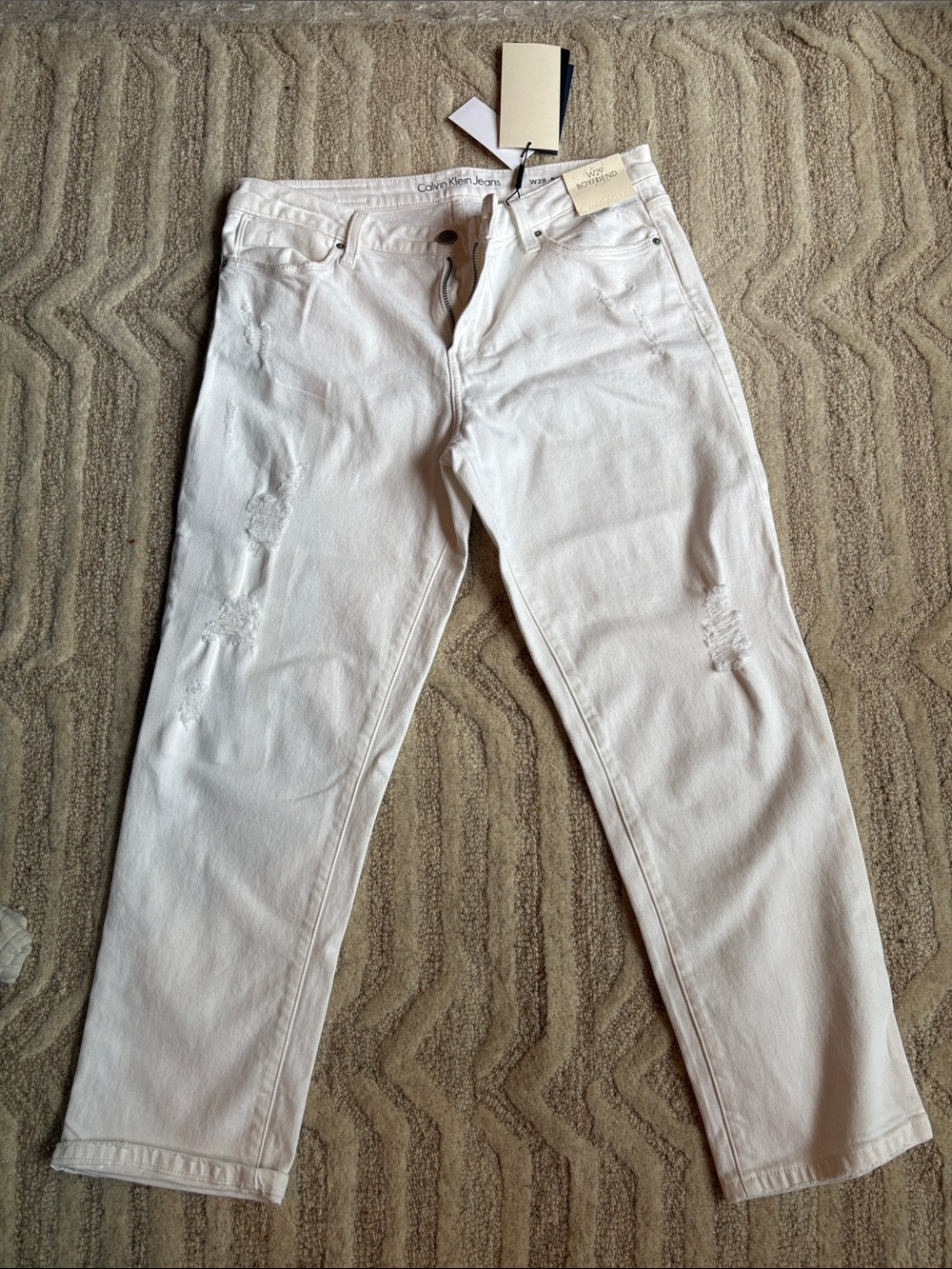 Calvin Klein Cream Distressed Boyfriend Jeans